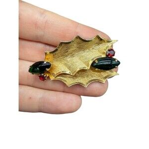 Vintage Christmas Gold Tone Holly Leaf Brooch red and green Christmas Jewelry